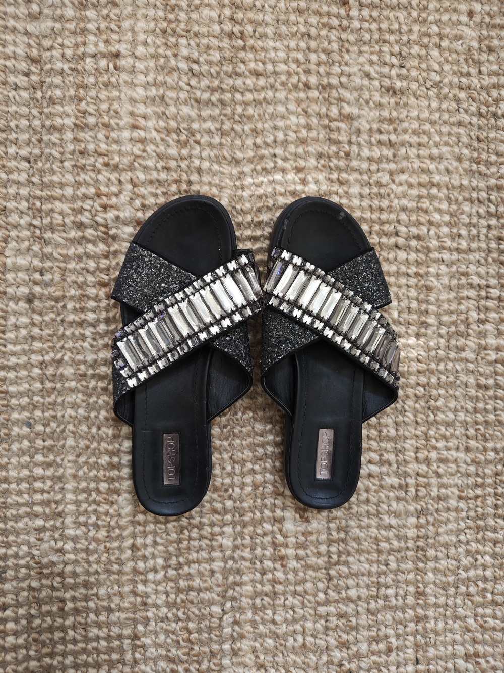 Y2K Topshop Vintage Black Crystal-Embellished Cross Strap Sandals